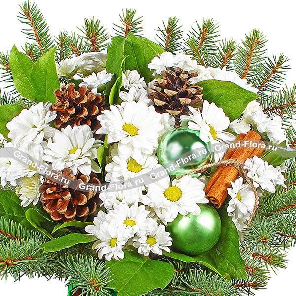Сказки леса - новогодний букет из хризантемы и еловых веток
