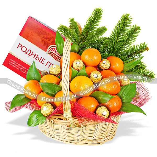 Праздничная шкатулка - корзина с фруктами и конфетами