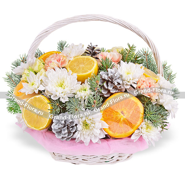 Снежный день - корзина с хризантемами и лимонами