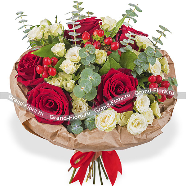 Цветочный рай - вип букет с красными розами и эвкалиптом