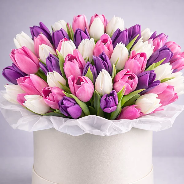  Сердце женщины - шляпная  коробка с разноцветными  тюльпанами