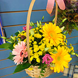 Весенний сюрприз - корзина с желтыми и розовыми герберами